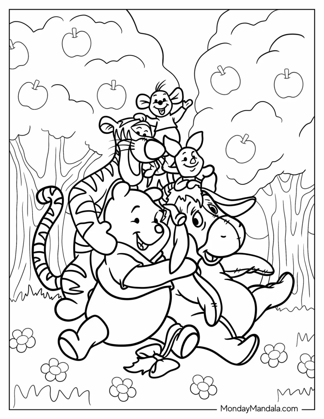 Eeyore Coloring Page With Pooh, Rue, Tiger, And Piglet In The Hundred Acre Wood coloring page