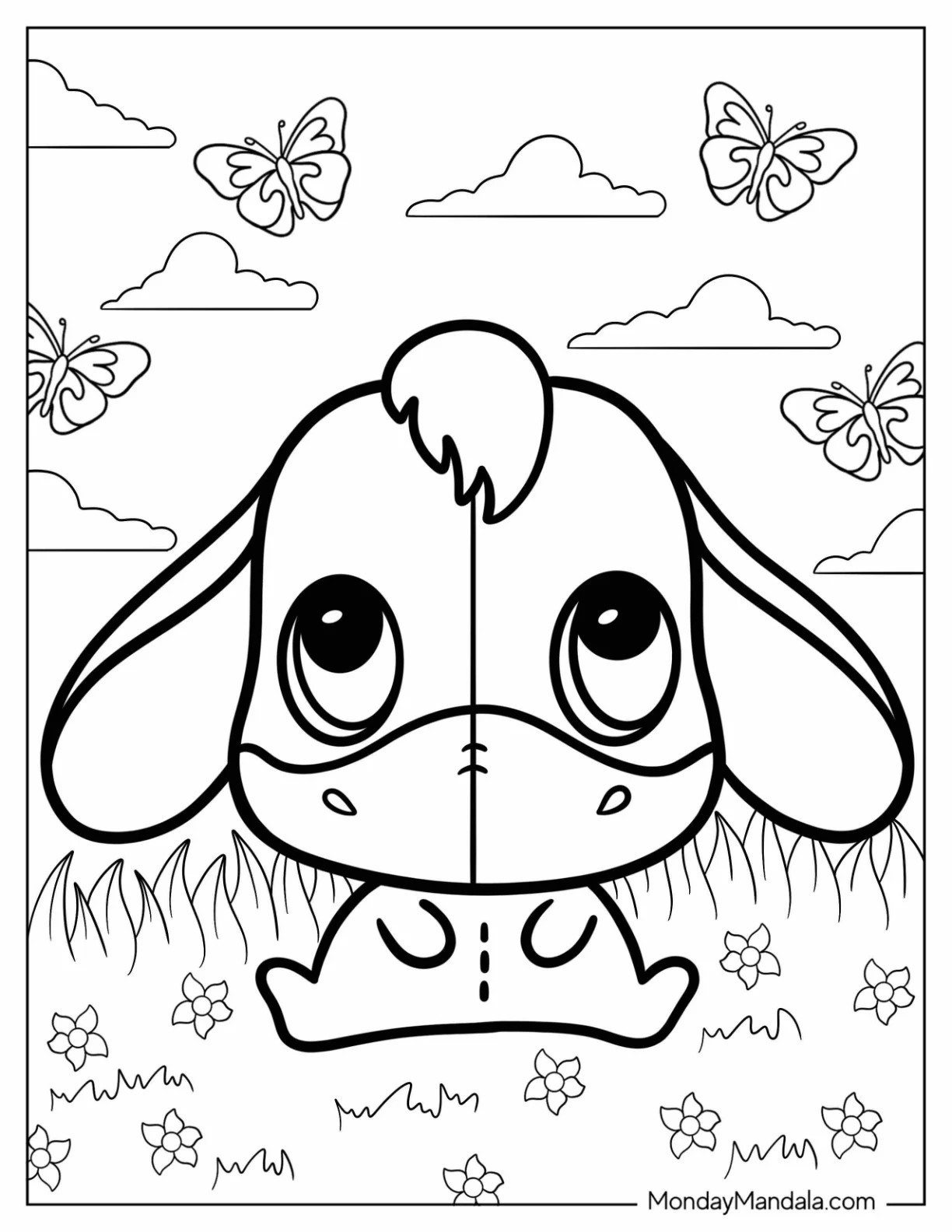 Kawaii Chibi Eeyore Coloring Page Sitting On Grass For Kids coloring page