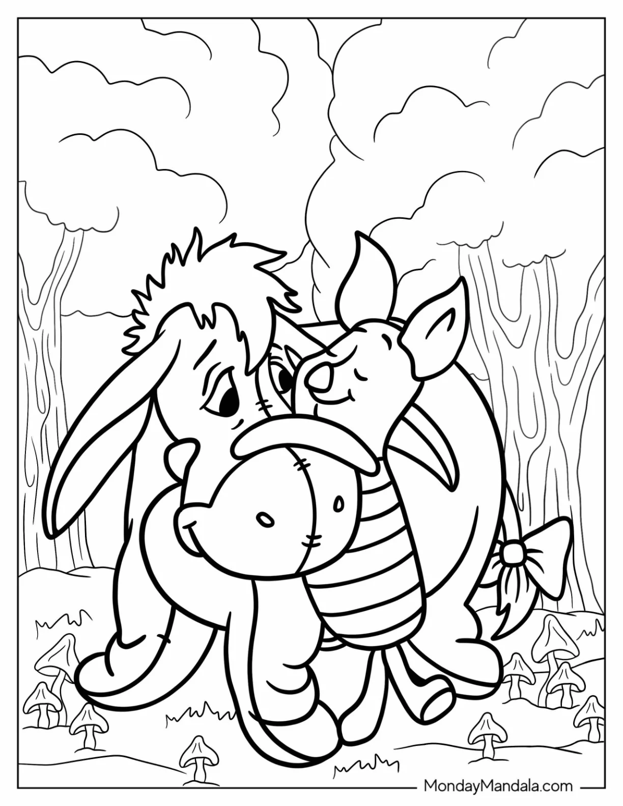 Piglet Embracing Eeyore Coloring Page coloring page — printable line art