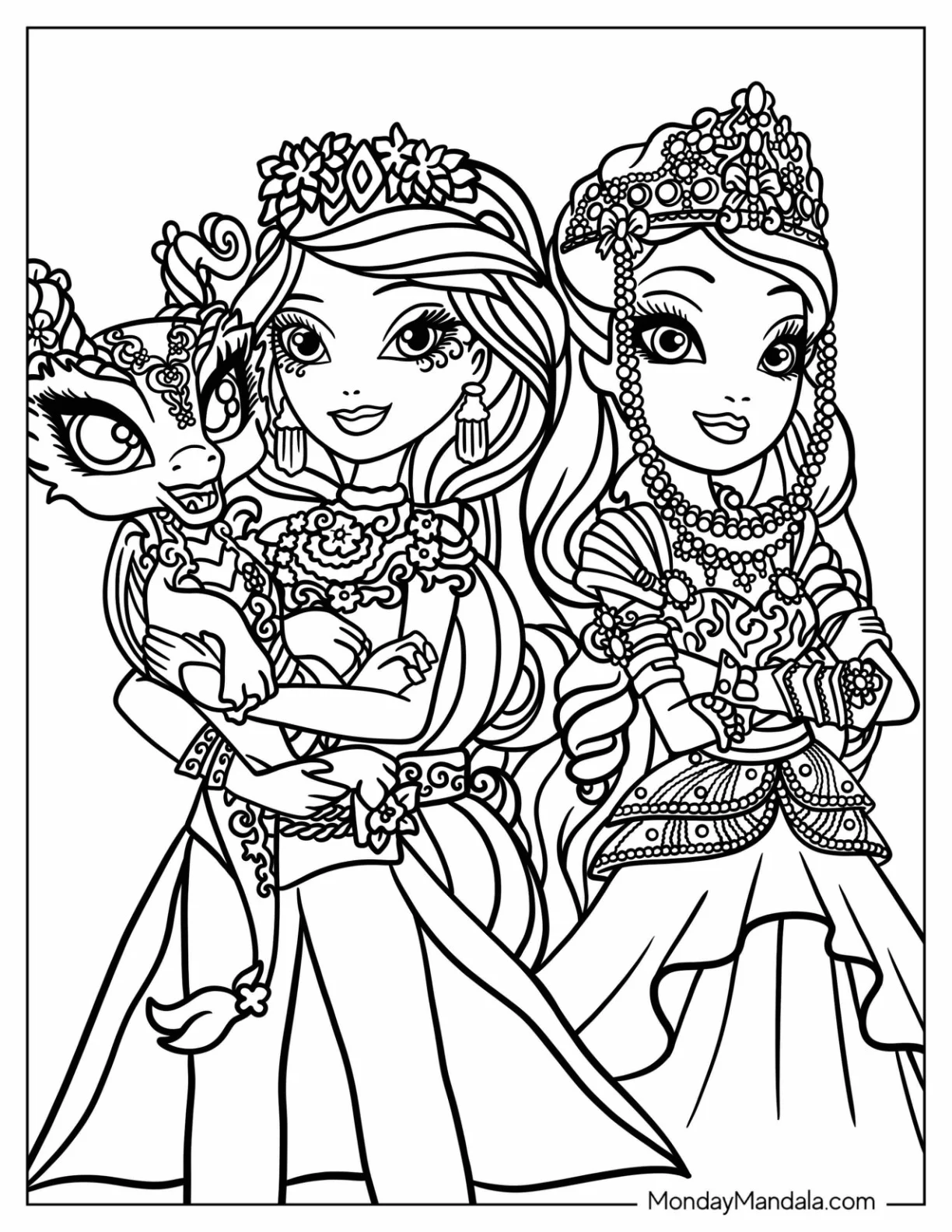Ever After High Coloring Page Briar Beauty And Apple White With A Dragon coloring page