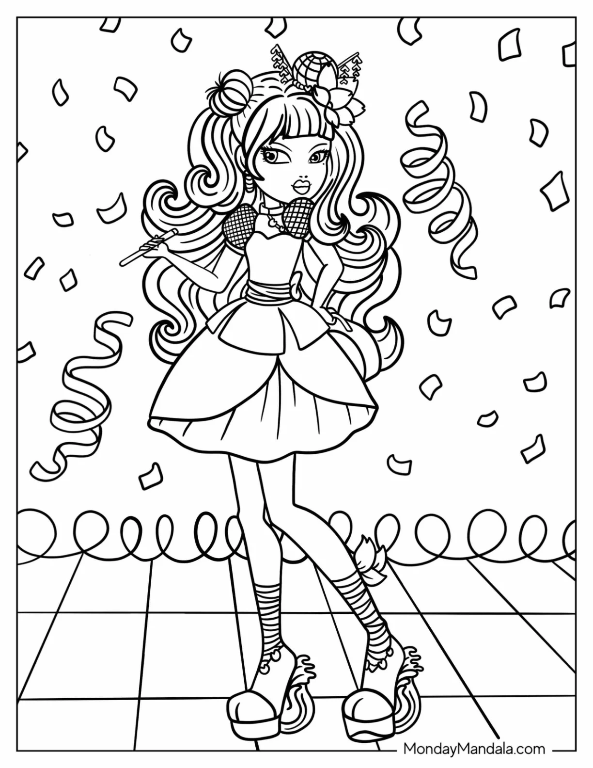 Ever After High Coloring Page Princess With Confetti In The Background For Kids coloring page