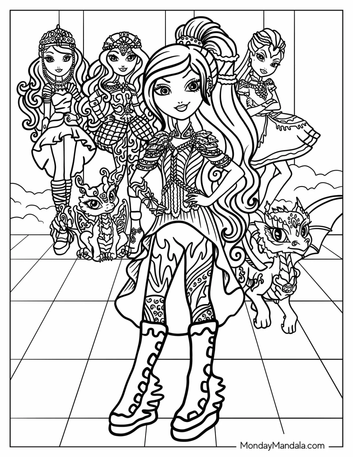 Ever After High Coloring Page Raven Queen, Apple White, And Darling Charming With Dragons coloring page