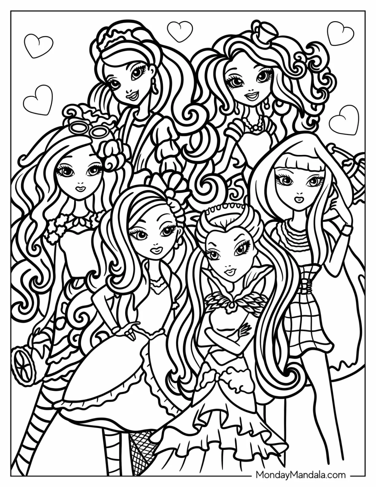 Ever After High Coloring Page Raven Queen, Apple White, Kitty Cheshire, Madeline Hatter, Briar Beauty, Ashlynn Ella, And Cerise Hood coloring page