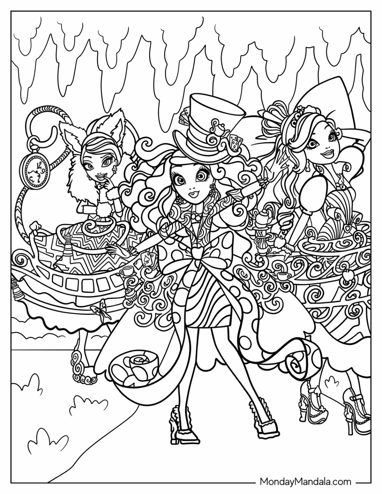 Madeline Hatter, Kitty Cheshire, And Apple White Ever After High Coloring Page coloring page