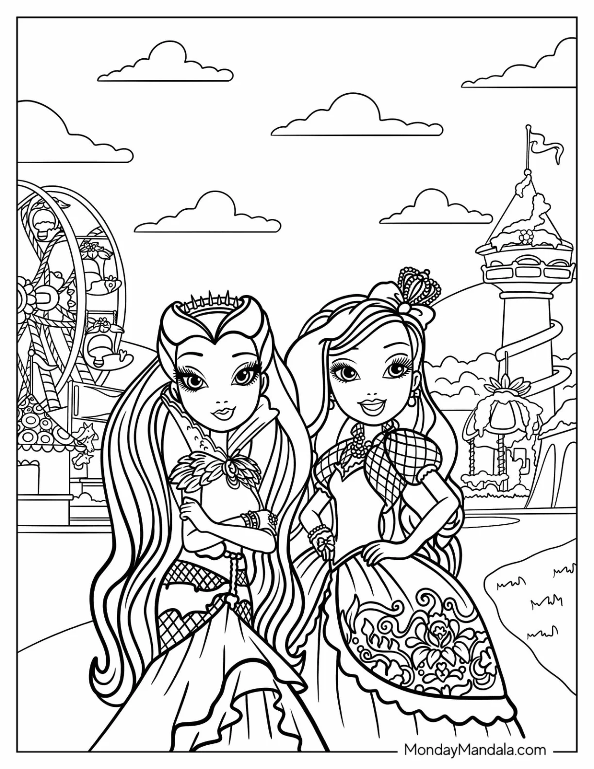 Raven Queen And Apple White In An Amusement Park Ever After High Coloring Page coloring page