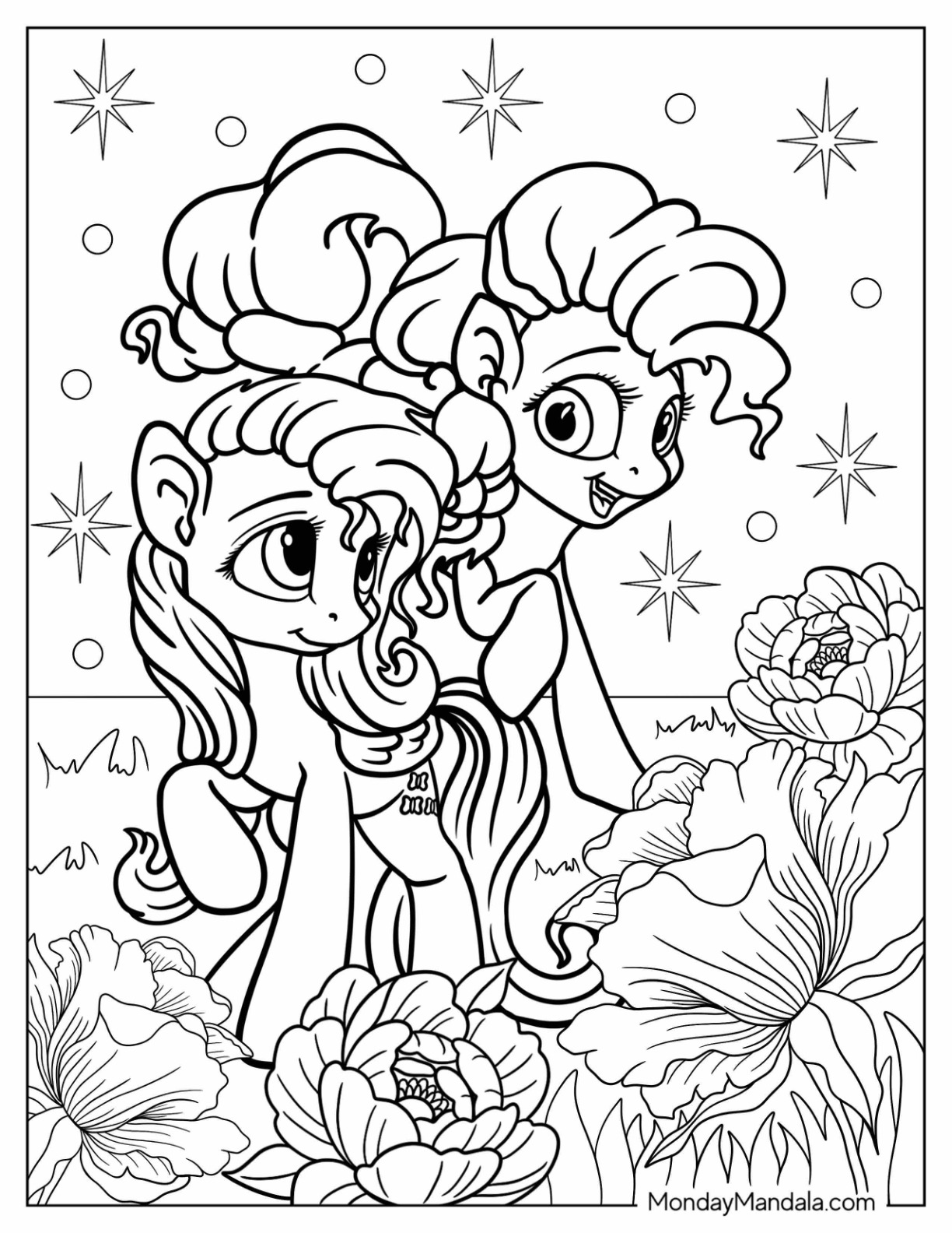 Detailed Fluttershy With Pinkie Pie With Flowers Coloring Page coloring page