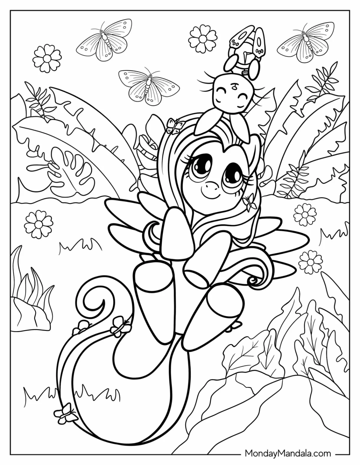 Fluttershy Lying On The Grass With A Bunny Coloring Page coloring page