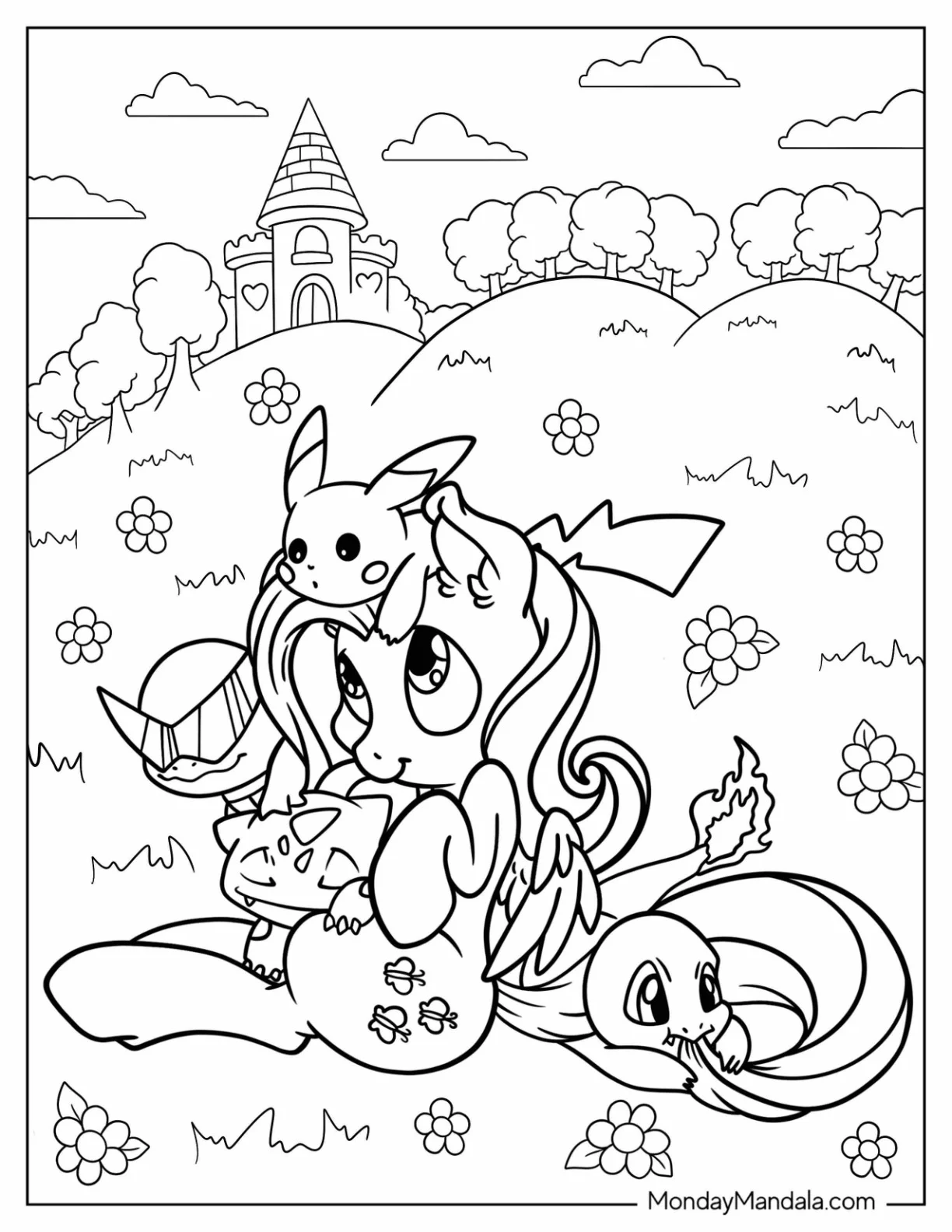 Fluttershy Playing With Pikachu, Charmander, And Bulbasaur Coloring Sheet coloring page