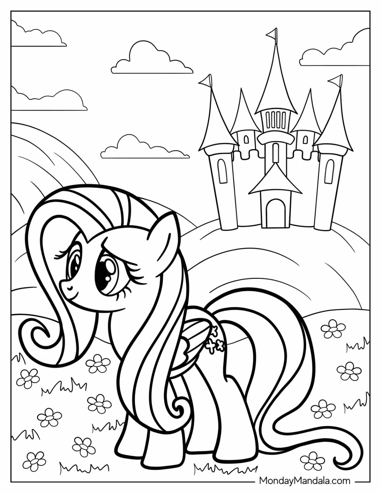 Fluttershy Walking Outside A Castle coloring page — printable line art