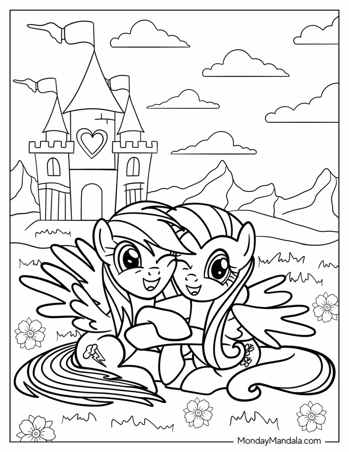 Rainbow Dash And Fluttershy Hugging On A Flower Field coloring page