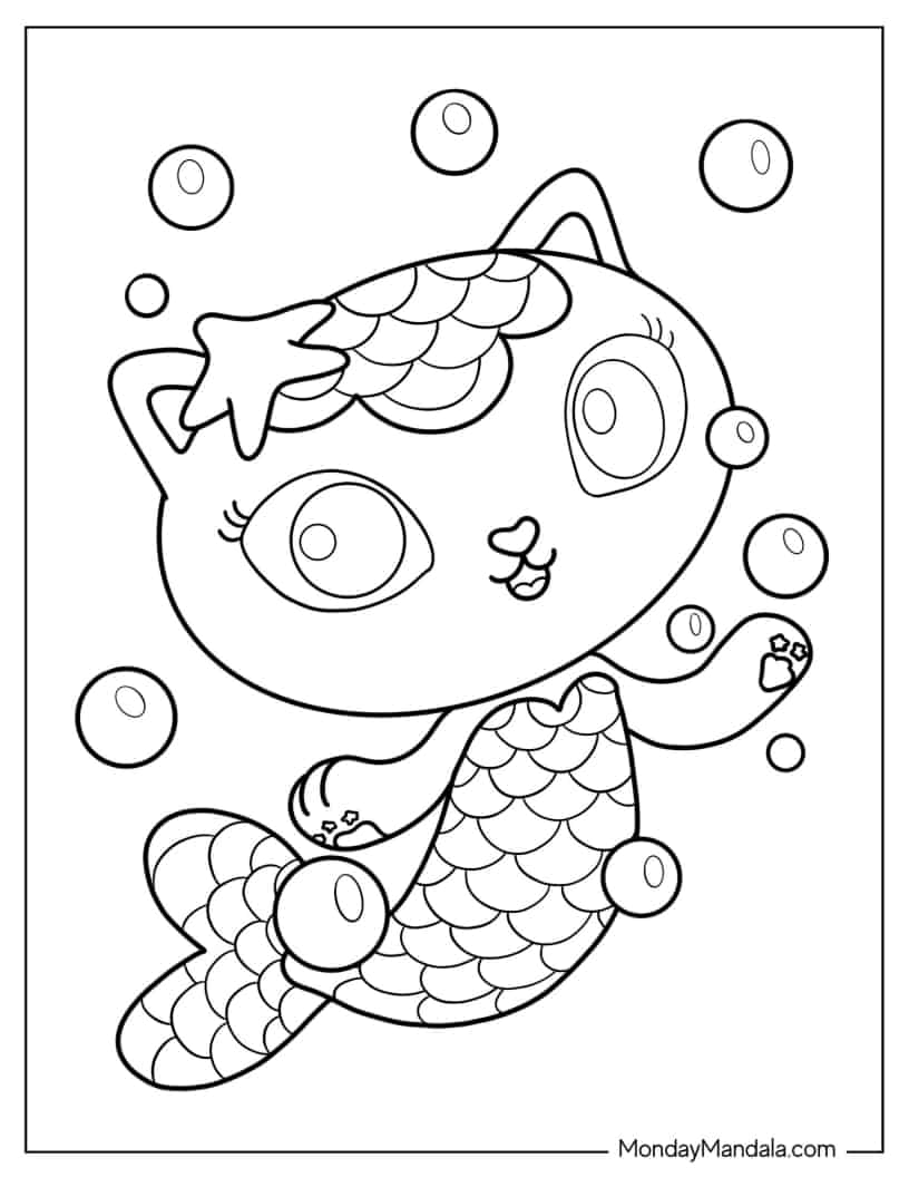 Kawaii Coloring Sheet Of Mercat With Bubbles coloring page