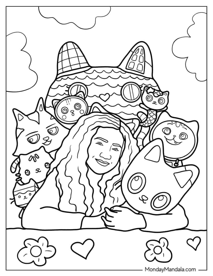 Realistic Coloring Page Of Gabby With Cartoon Cat Friends coloring page
