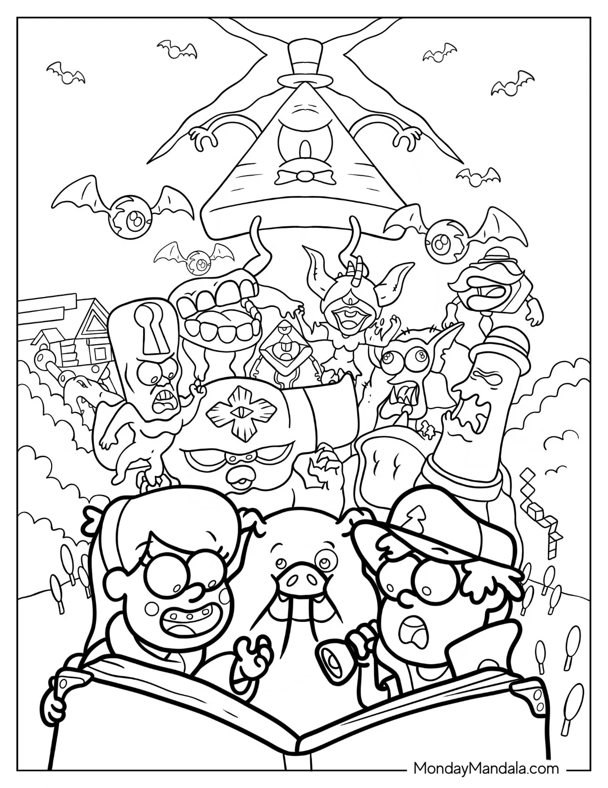 Dipper, Mabel, And Waddles Reading Bill s Journal With Creatures In Background coloring page
