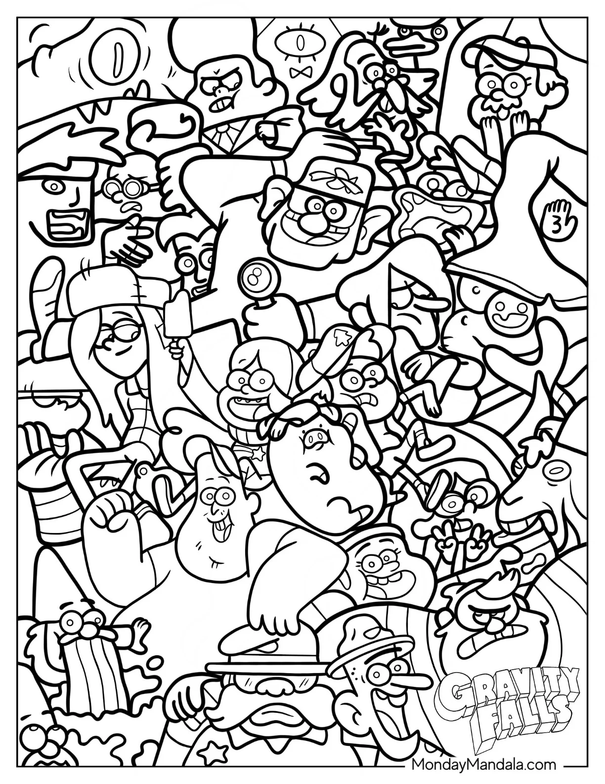 Full Page Gravity Falls Characters Coloring Sheet coloring page — printable line art
