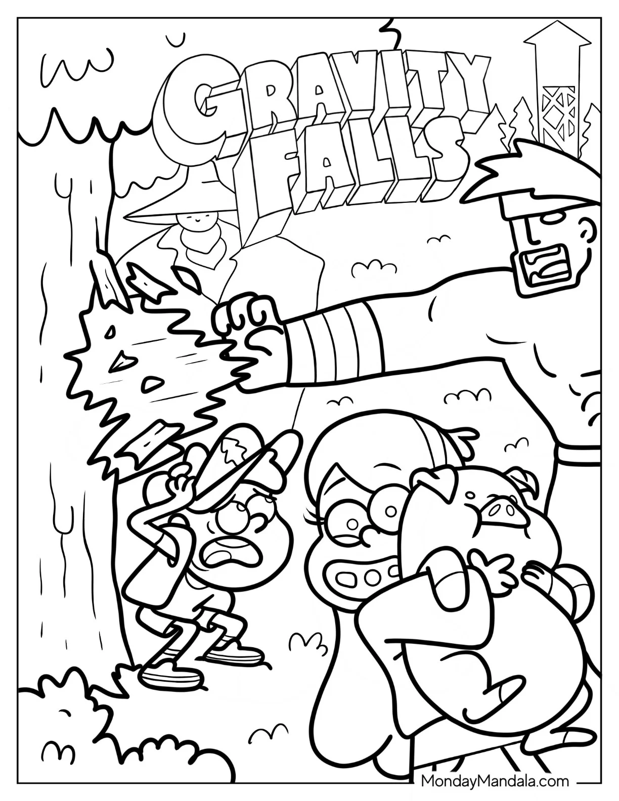Gravity Falls Even Stranger Cover With Dipper, Mabel, and Waddles coloring page