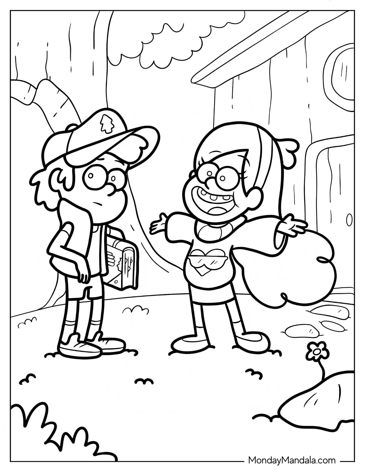 Mabel And Dipper Pines Outside Cottage Coloring Sheet coloring page