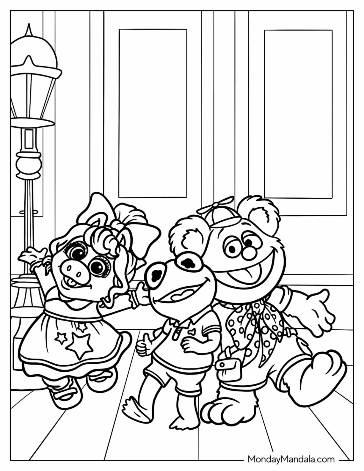 Baby Miss Piggy, Fozzie Bear, And Kermit The Frog Coloring Page Dancing coloring page — printable line art
