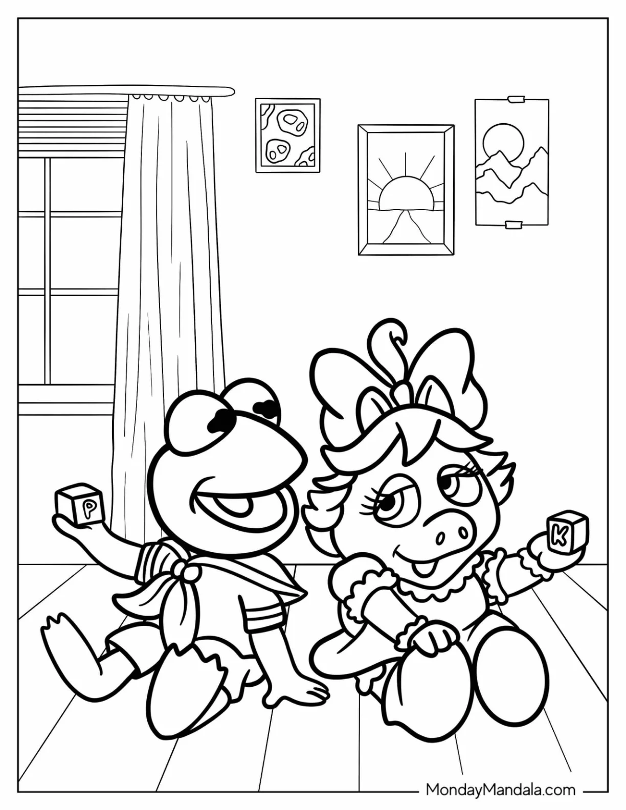 Cute Baby Kermit The Frog Coloring Page With Baby Miss Piggy For Kids coloring page — printable line art