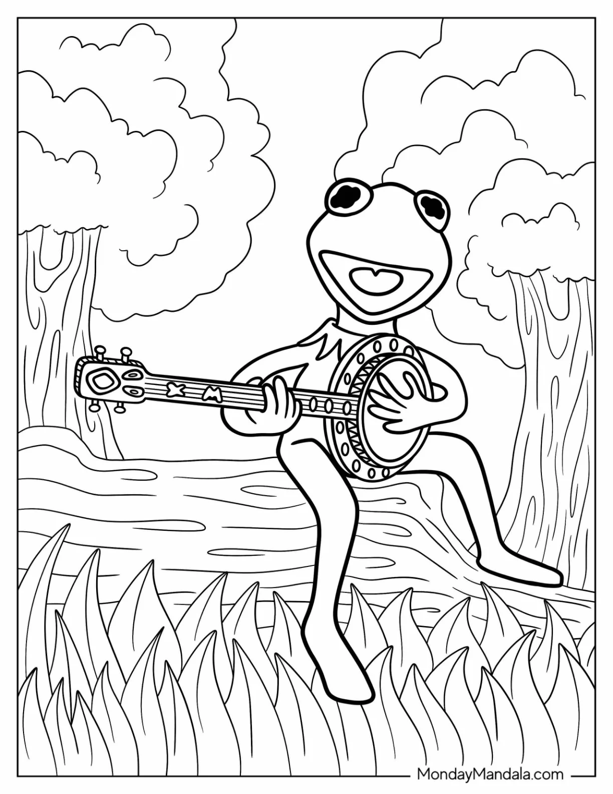 Cute Kermit The Frog Coloring Page Playing Banjo For Kids coloring page — printable line art