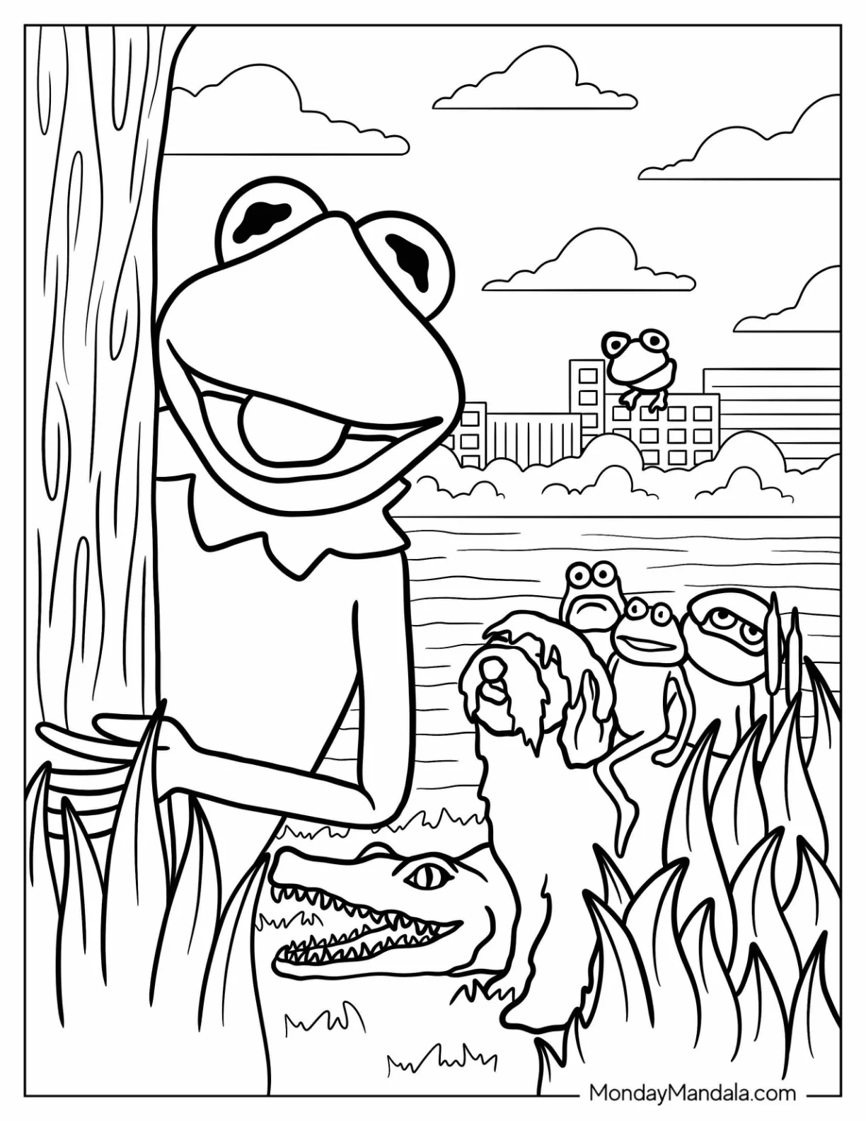 Kermit The Frog Coloring Page Behind A Tree With Other Muppets coloring page