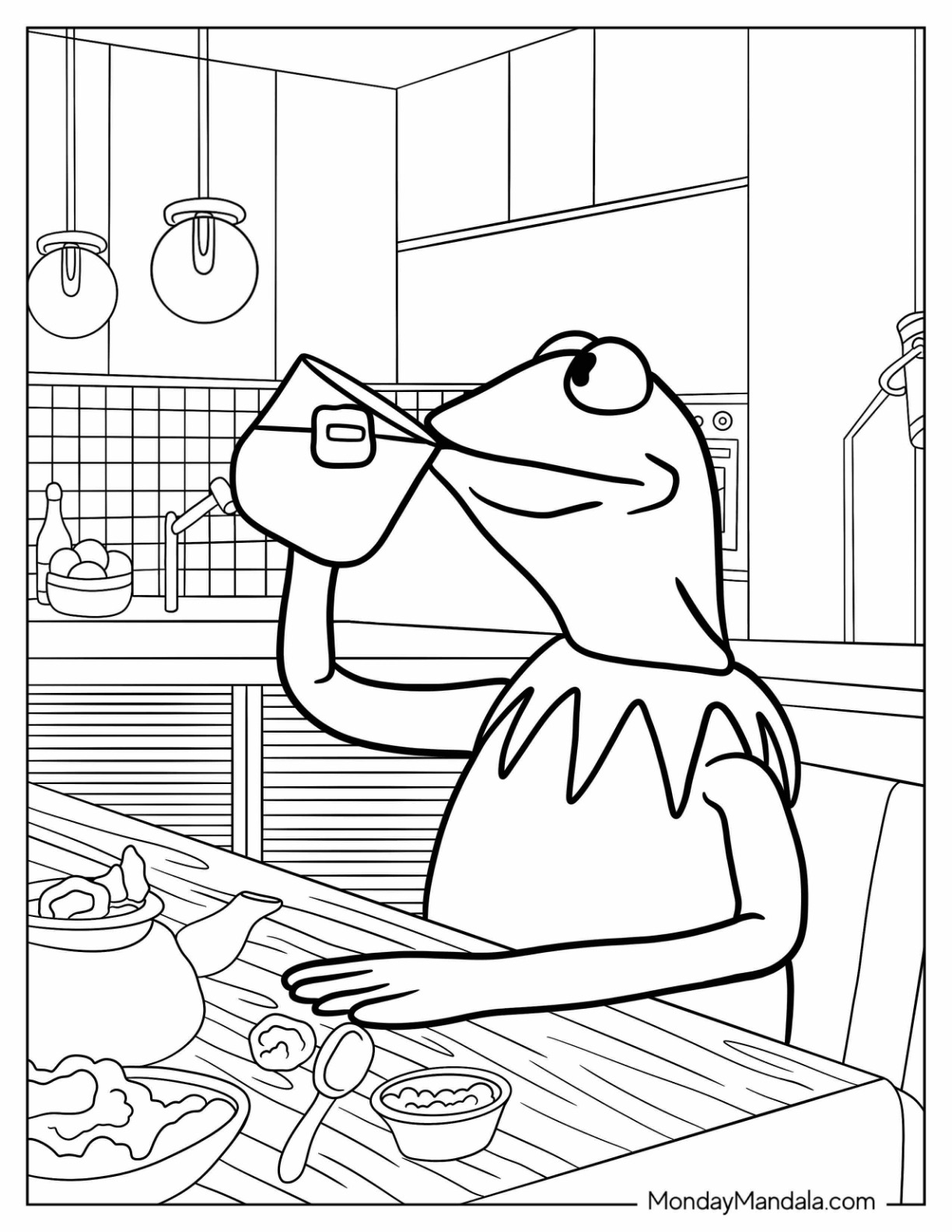 Kermit The Frog Coloring Page Drinking Tea In Kitchen coloring page