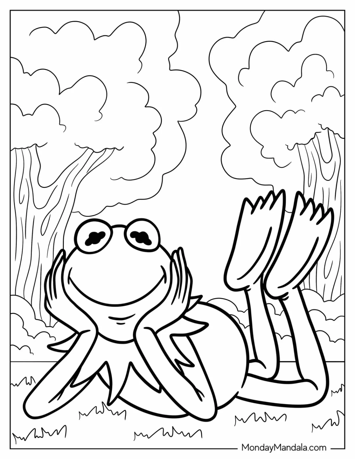 Kermit The Frog Coloring Page Lying On The Grass coloring page — printable line art