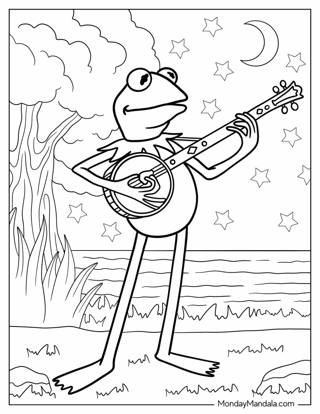 Kermit The Frog Coloring Page Playing Banjo At Night coloring page