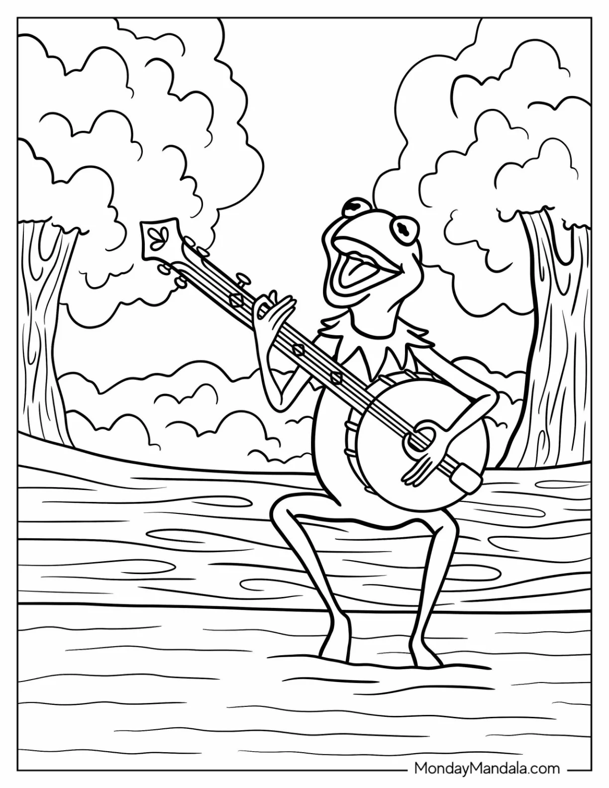 Kermit The Frog Coloring Page Playing The Banjo In The Forest coloring page