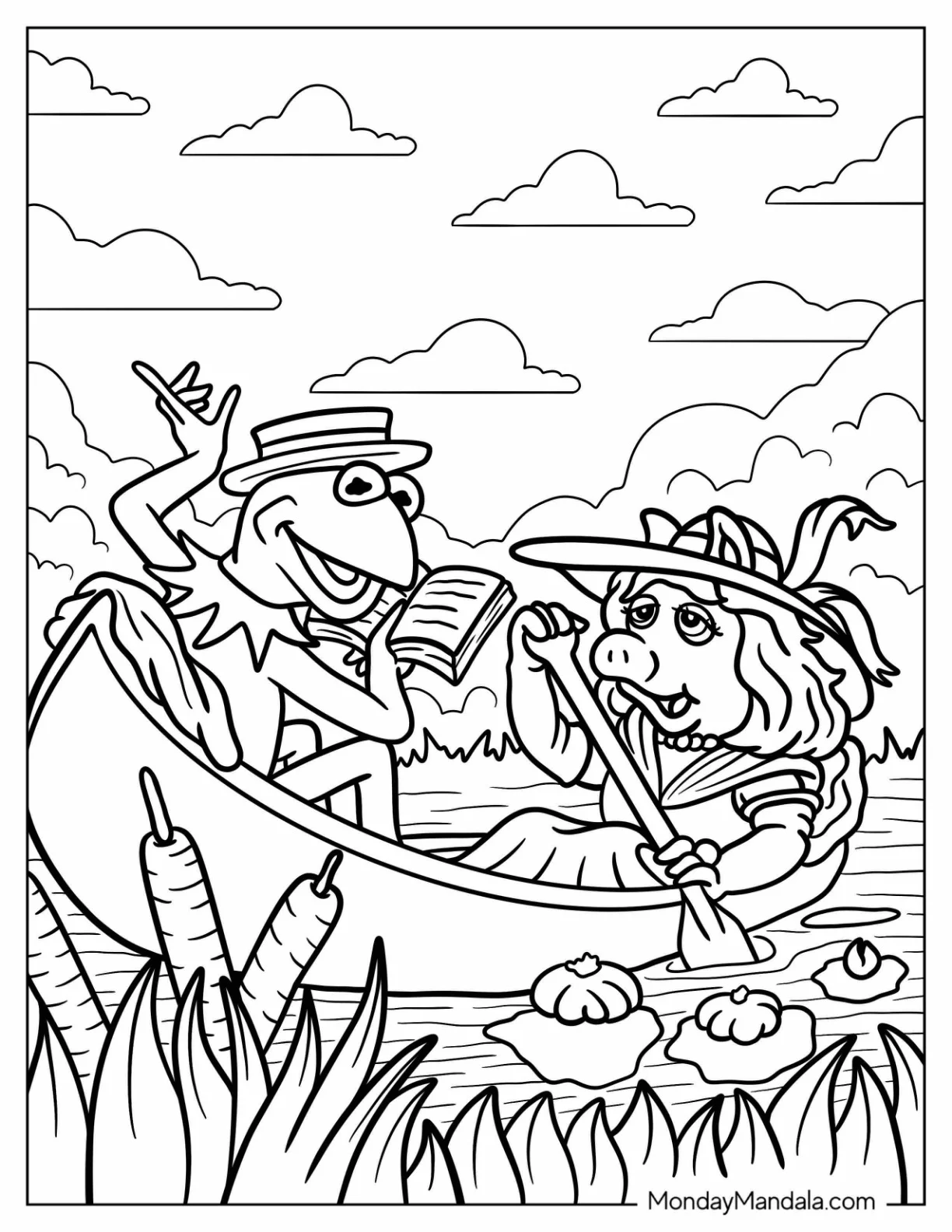 Kermit The Frog Coloring Page Reading A Book To Miss Piggy On A Boat coloring page — printable line art