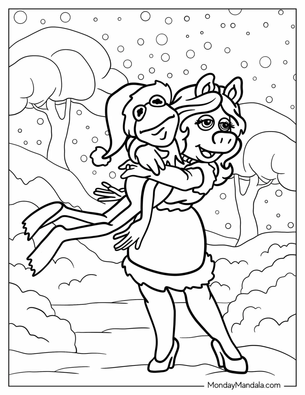 Miss Piggy Hugging Kermit The Frog Coloring Page In The Snow coloring page