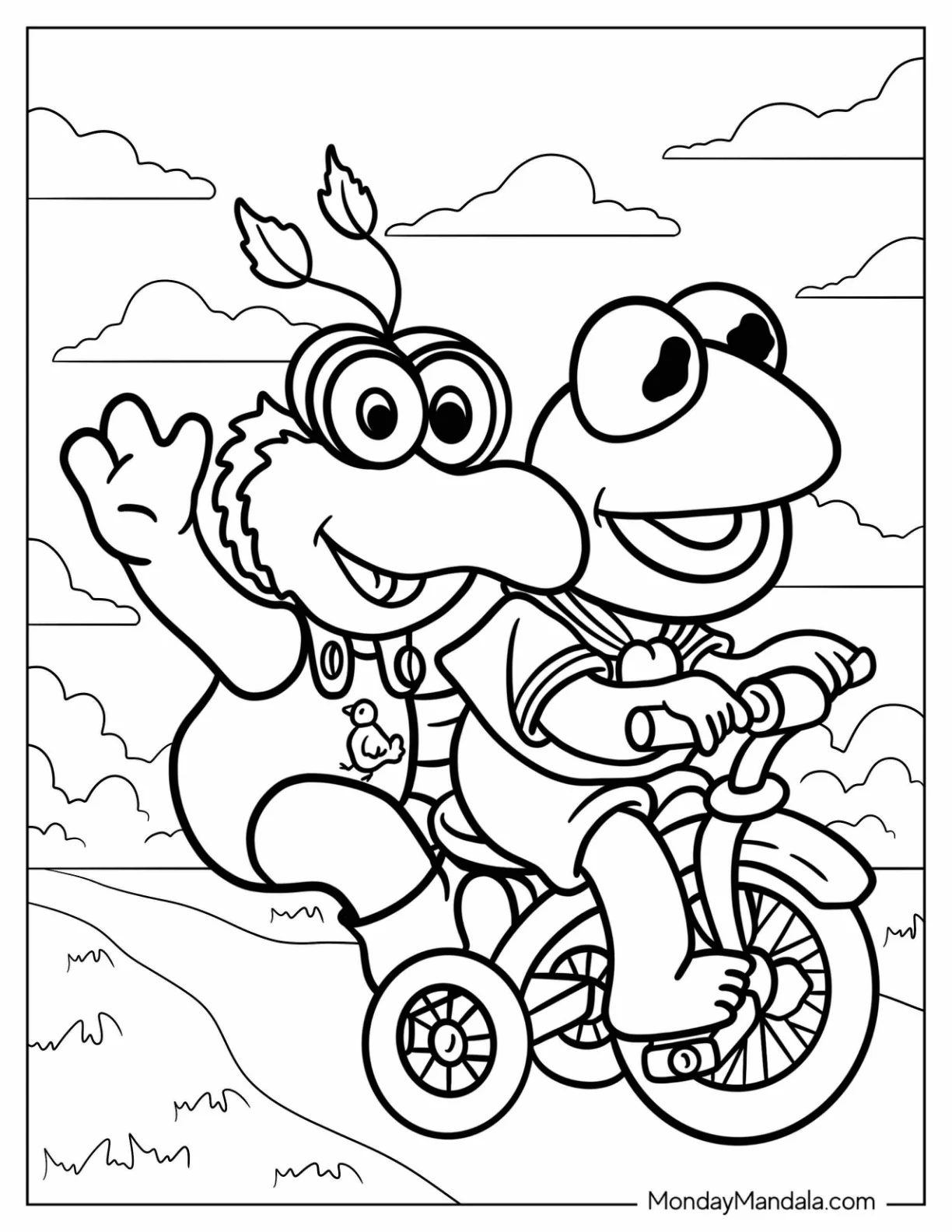 Muppet Baby Gonzo And Kermit The Frog Coloring Page Riding The Bicycle coloring page