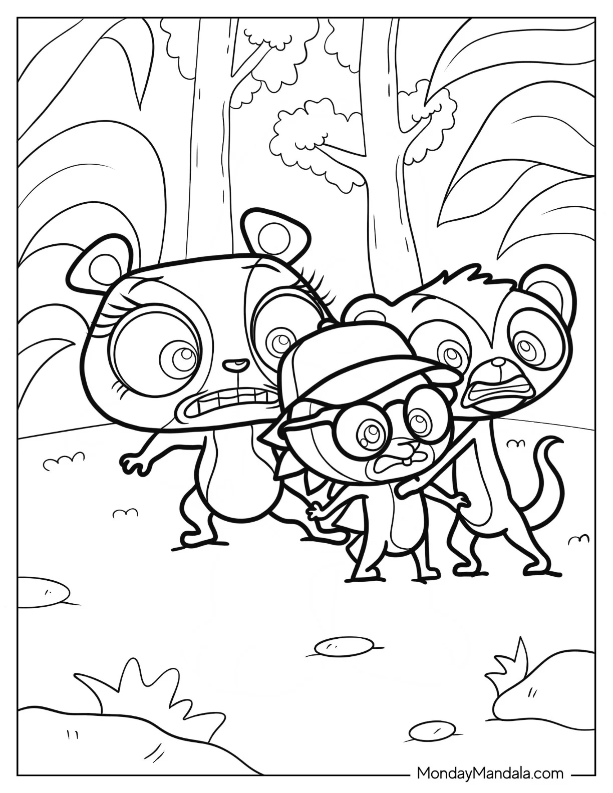 Littlest Pet Shop Coloring Page Of Penny Ling, Russel Ferguson, And Sunil Nevla In The Forest coloring page — printable line art