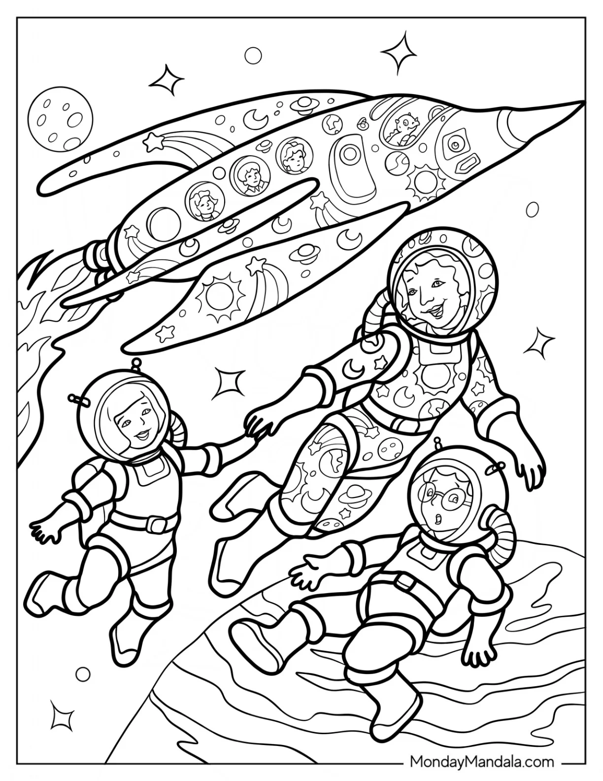Detailed Ms. Frizzle With Wanda And Janet In Space Suits Magic School Bus Coloring Page coloring page — printable line art