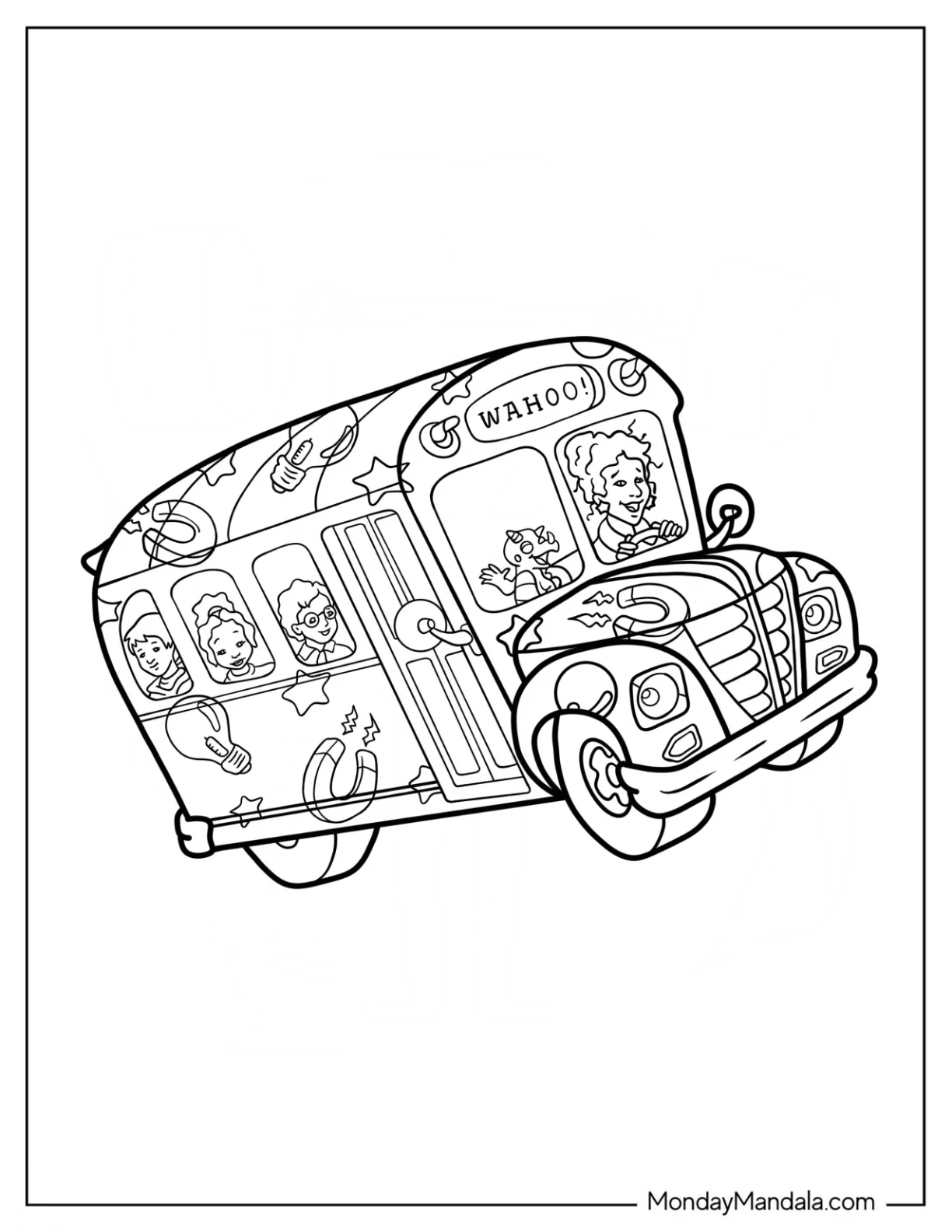 Easy Magic School Bus Coloring Page With Ms. Frizzle, Liz, Carlos, Keesha, And Janet coloring page
