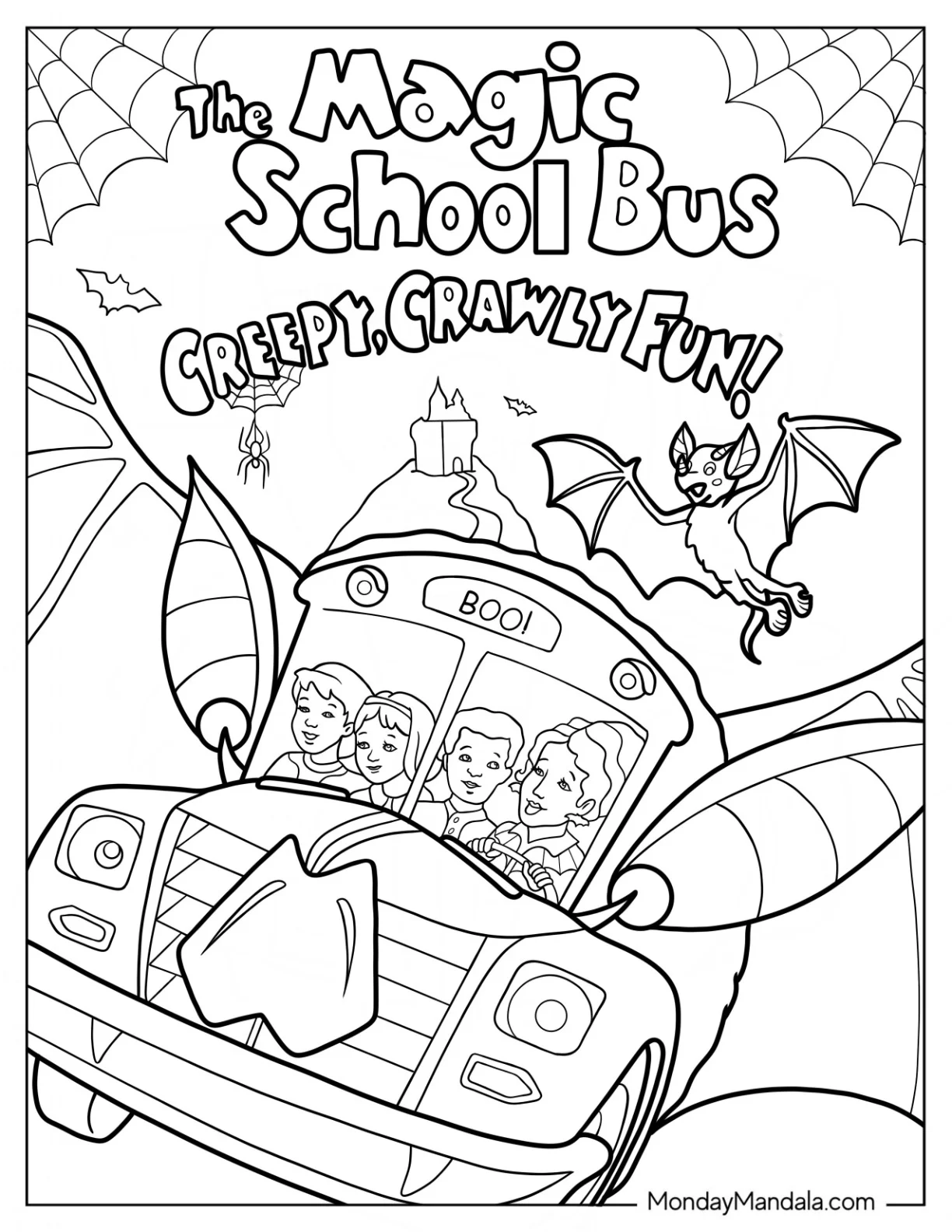 Halloween Magic School Bus Coloring Page With Ms. Frizzle, Ralphie, Anne, And Tim coloring page