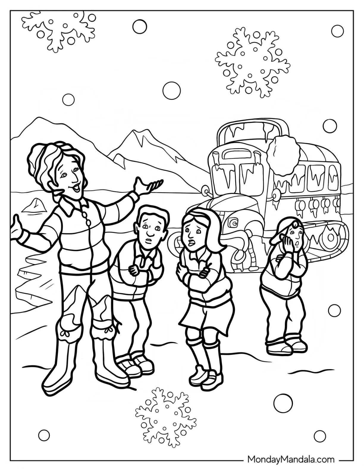 Magic School Bus Coloring Page Ms. Frizzle, Tim, Ralphie, And Phoebe In The North Pole coloring page — printable line art