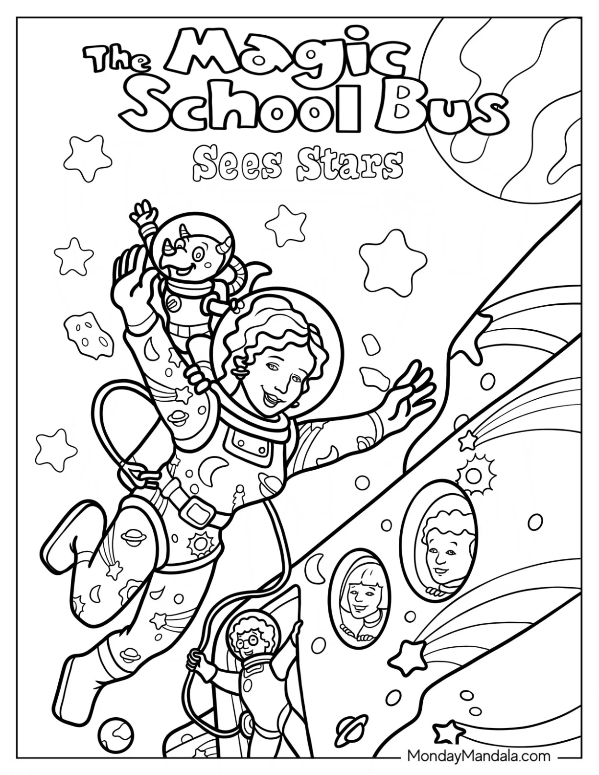 Magic School Bus Coloring Page Of Ms. Frizzle, Liz, And The Students Exploring Outer Space coloring page
