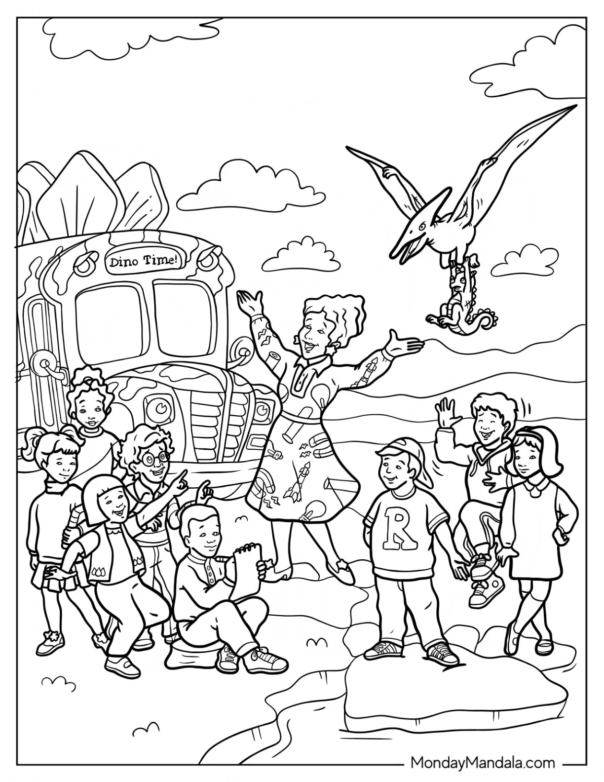 Magic School Bus Coloring Page Of Ms. Frizzle With Keesha, Ann, Wanda, Janet, Tim, Ralphie Arnold, And Phoebe coloring page