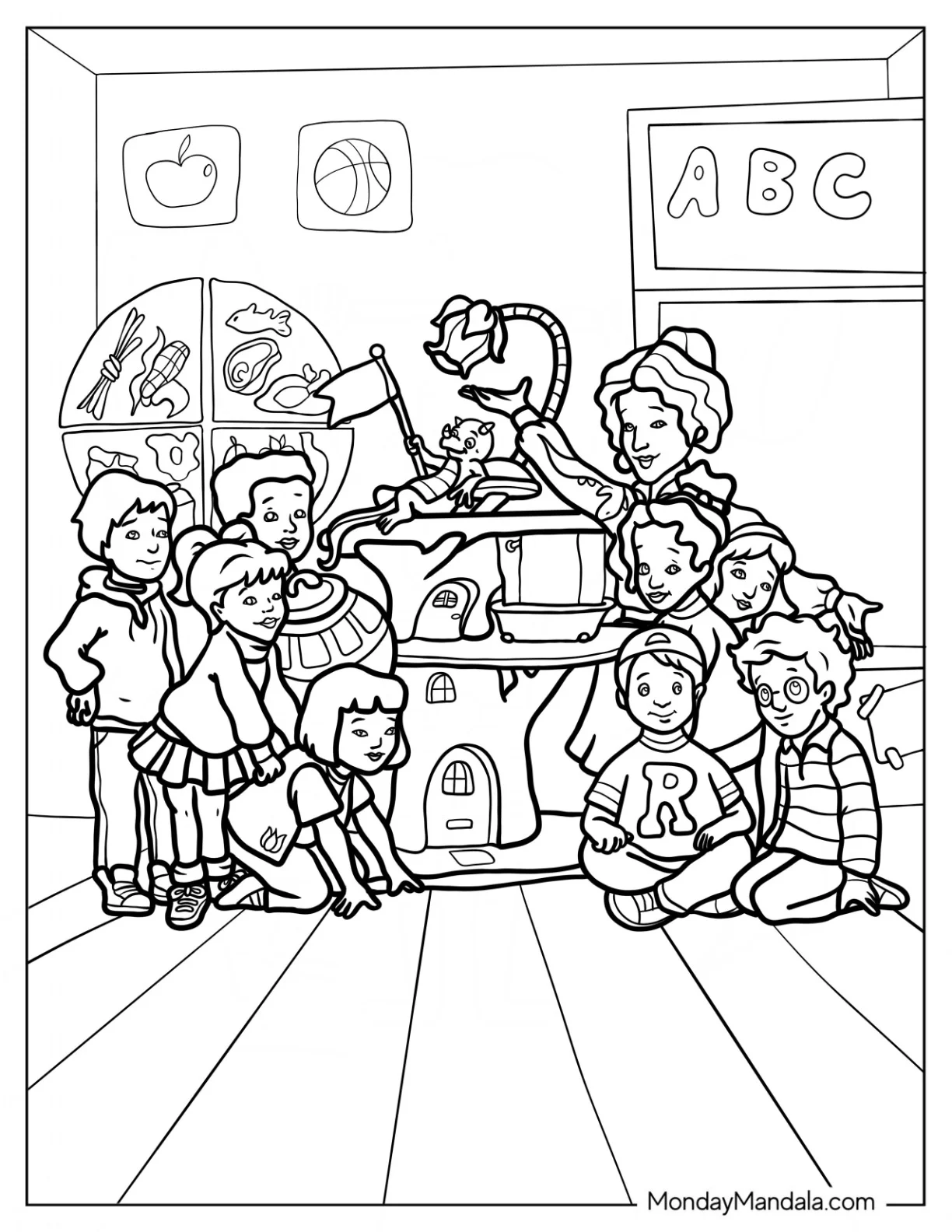 Magic School Bus Coloring Page Students With Ms. Frizzle And Liz In The Classroom coloring page — printable line art
