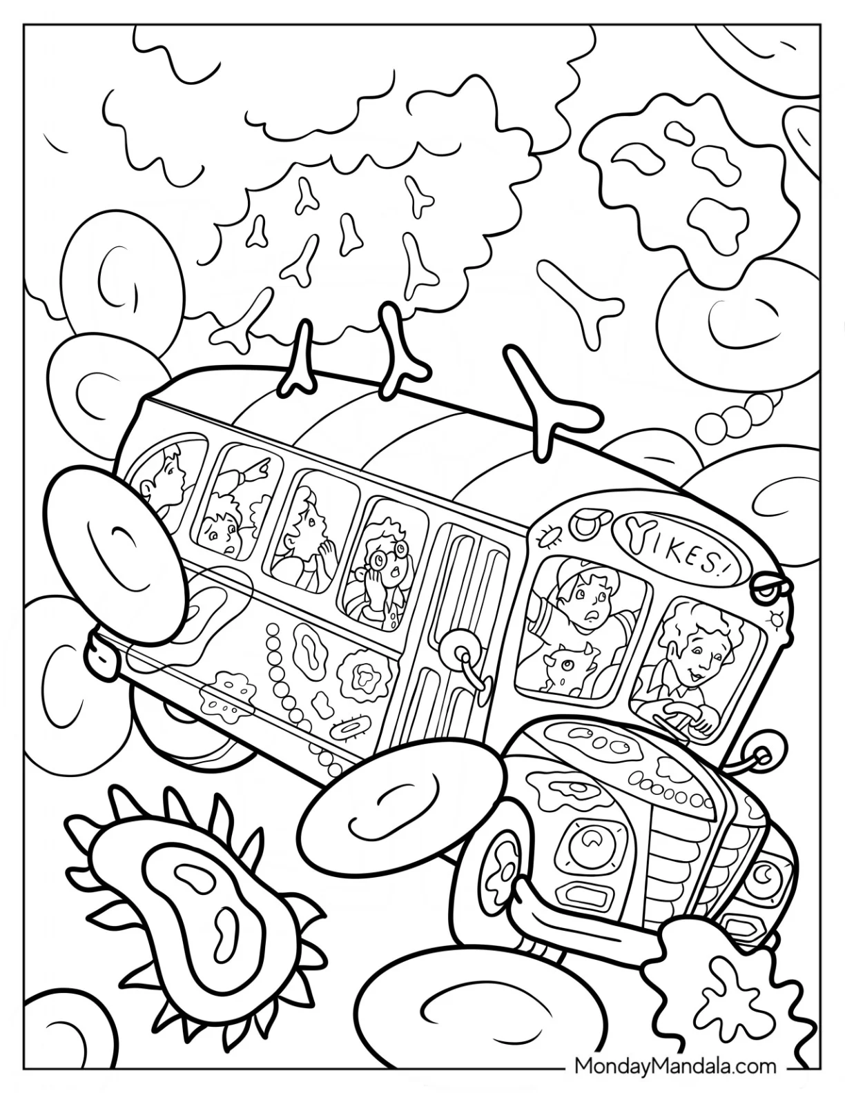 Magic School Bus Coloring Page Surrounded By Red Blood Cells, White Blood Cells, And Antibodies coloring page — printable line art