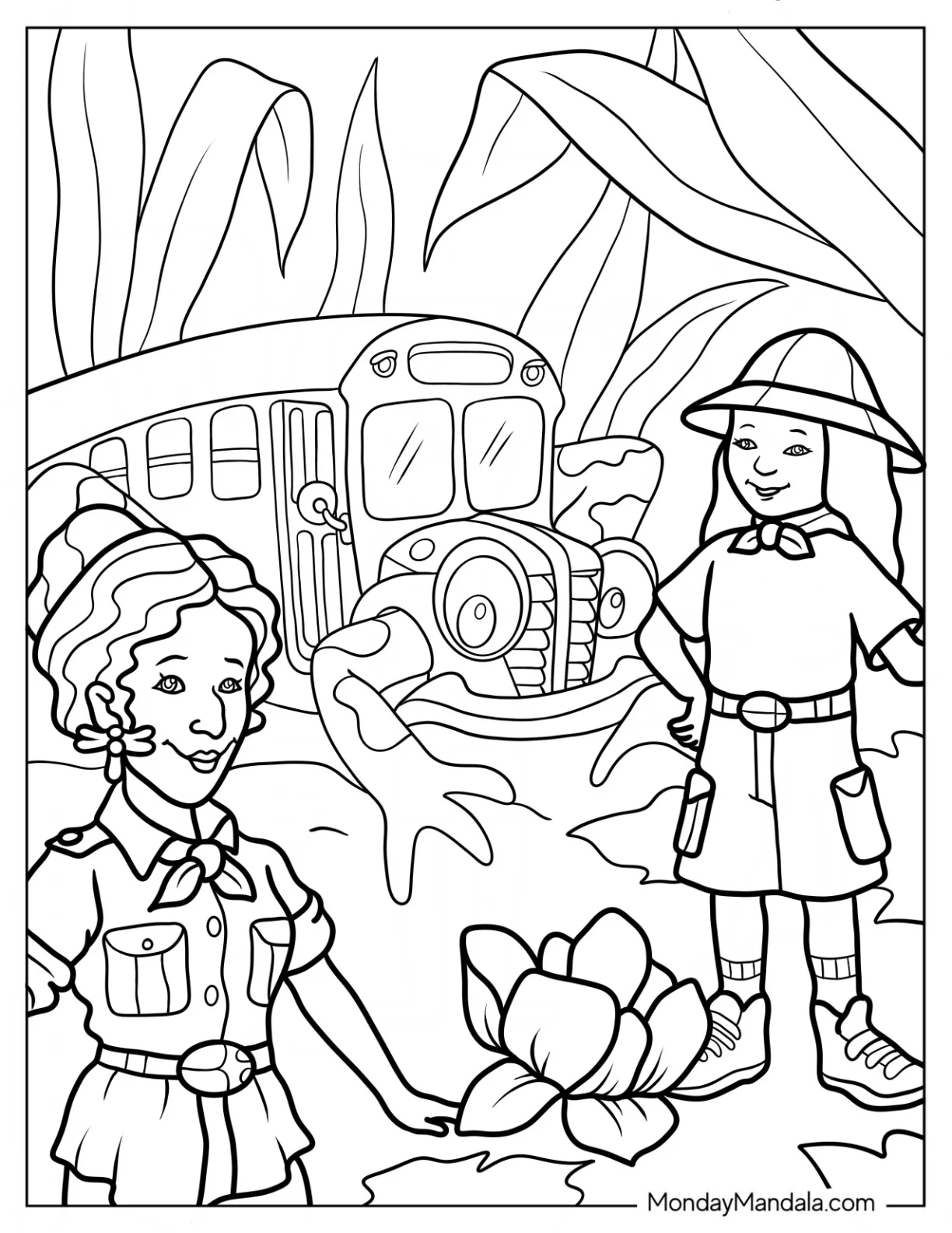 Wanda And Ms. Fizzle In The Jungle With The Magic School Bus Coloring Page coloring page