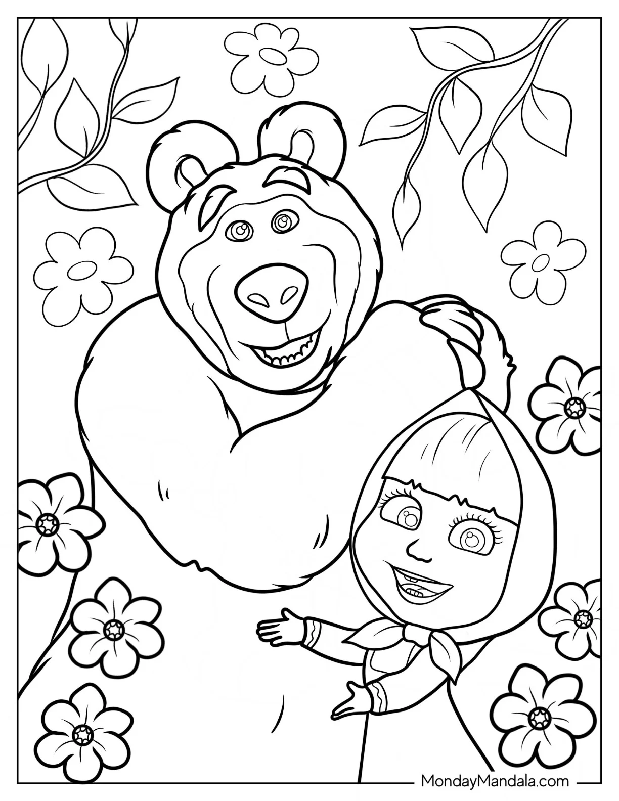 Kawaii Masha And The Bear Coloring Page With Flowers coloring page