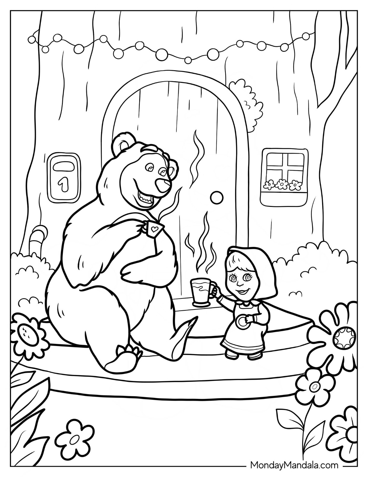 Masha And The Bear Coloring Page Drinking Hot Beverage Outside House coloring page