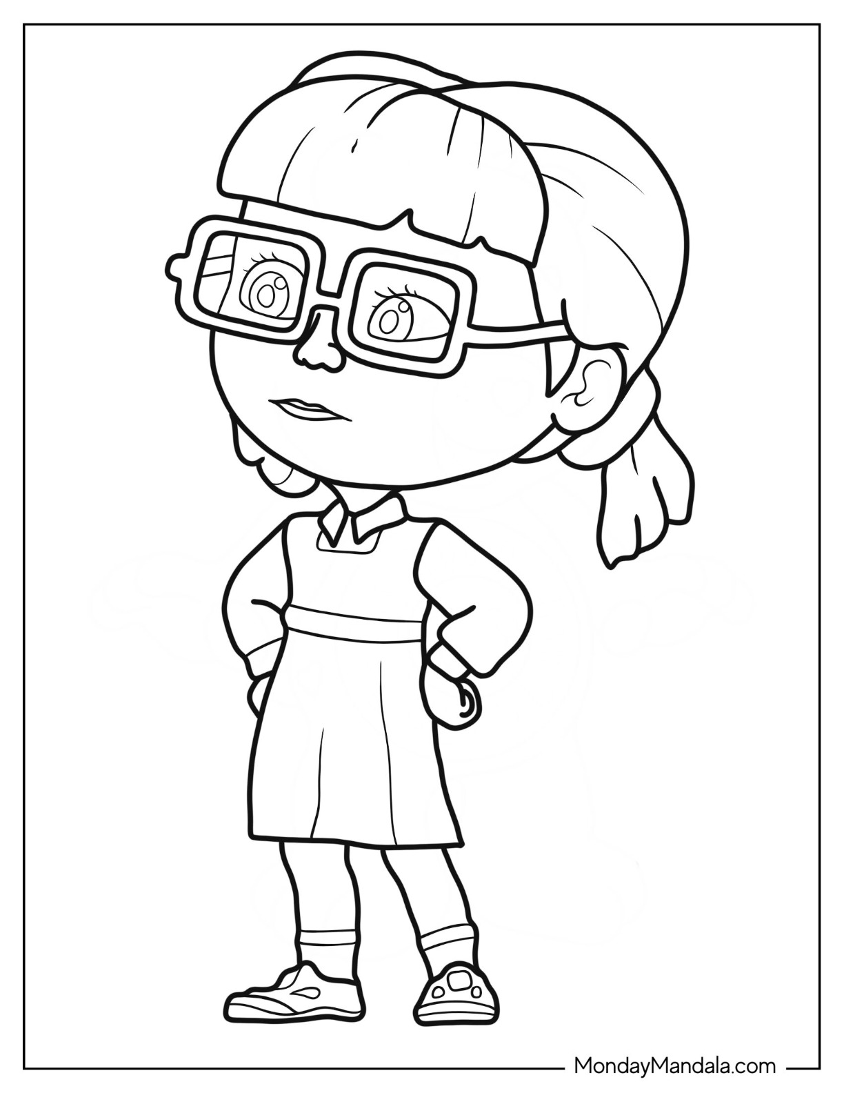 Masha And The Bear Coloring Page Of Dasha In Pigtails, Eyeglasses, And School Dress coloring page