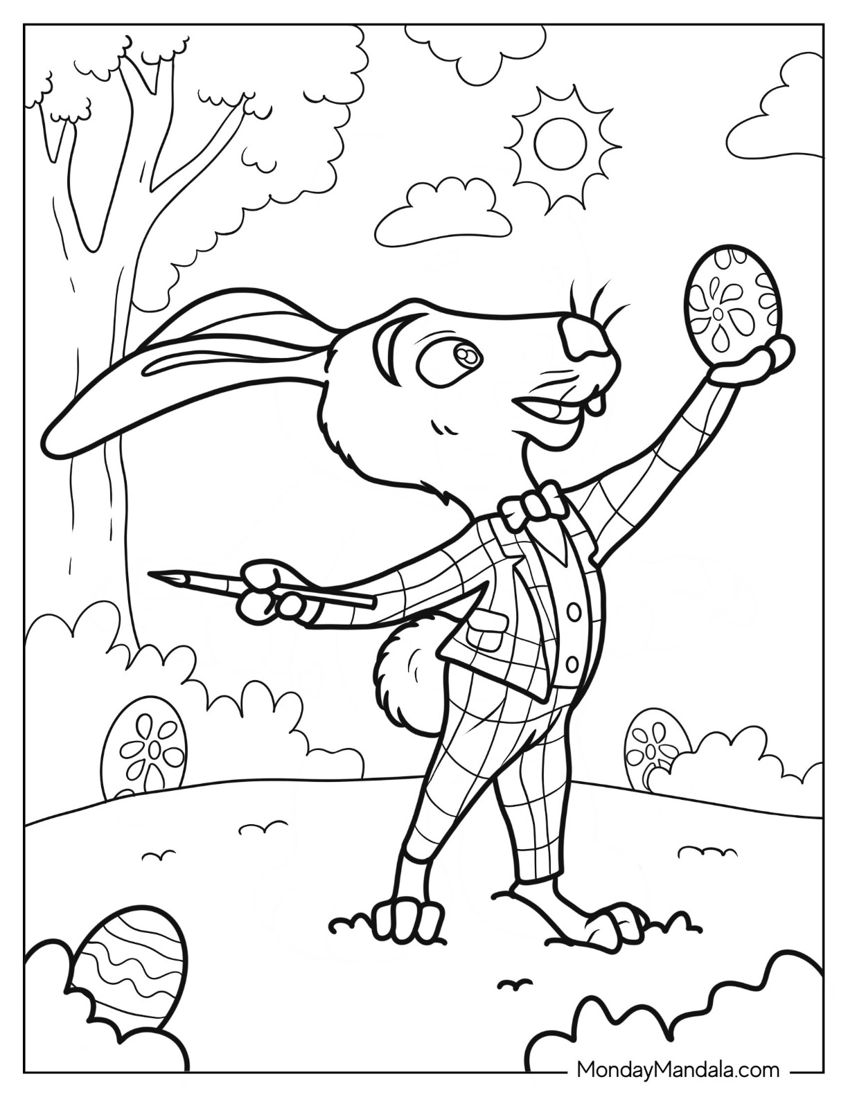 Masha And The Bear Coloring Page Of Hare Holding Up Easter Egg coloring page