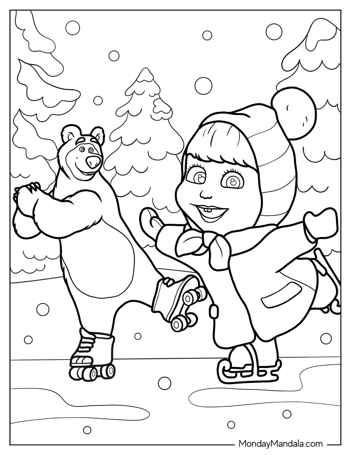 Masha And The Bear Coloring Page Of Ice Skating In The Snow coloring page