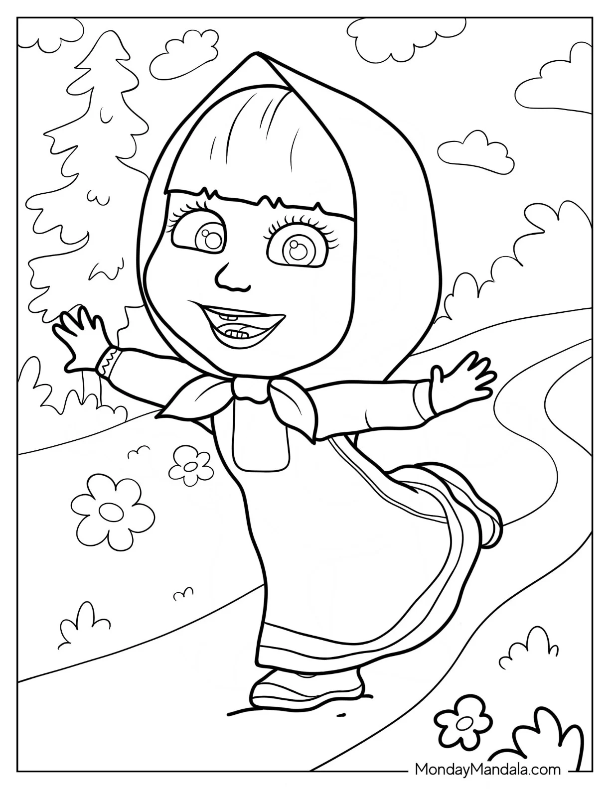 Masha And The Bear Coloring Page Of Kawaii Masha In Cute Pose On The Road coloring page