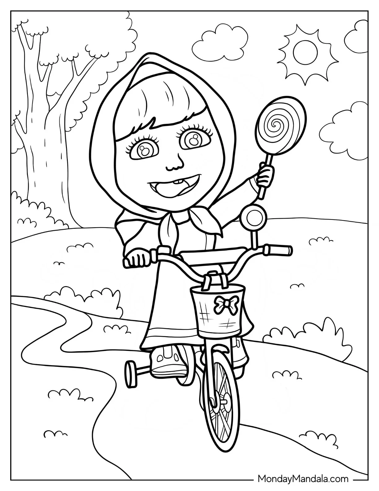 Masha And The Bear Coloring Page Of Masha Riding Bicycle While Holding Up Lollipop coloring page