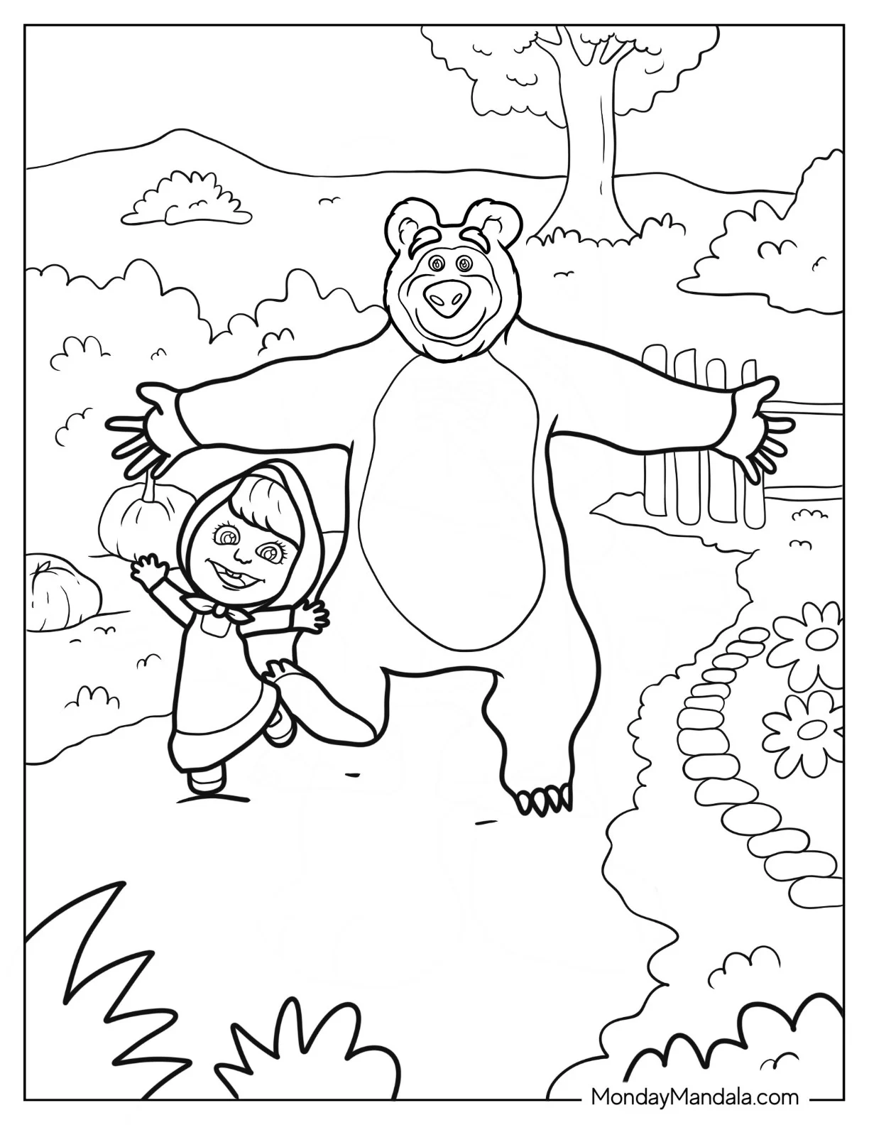 Masha And The Bear Coloring Page Of Running Down Path coloring page
