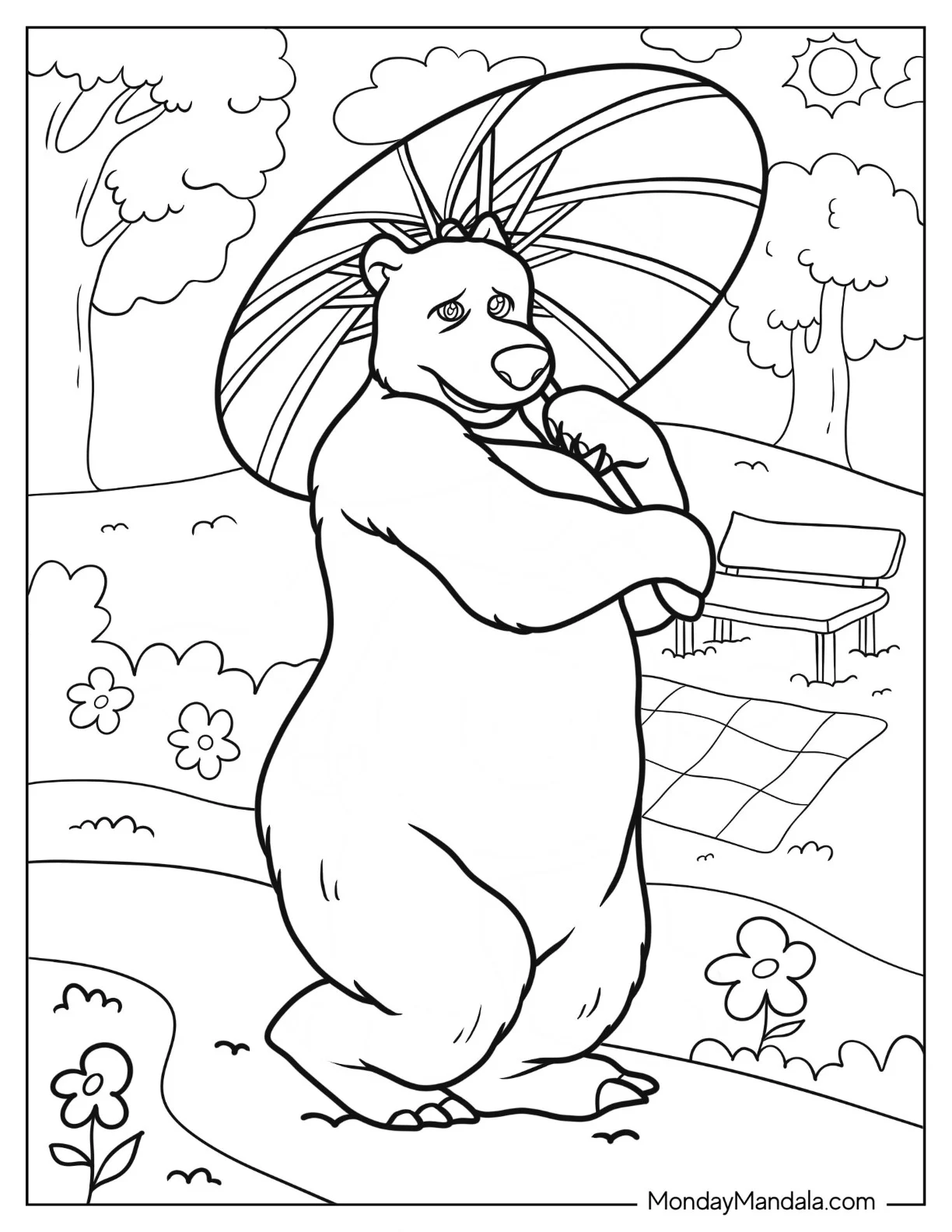 Masha And The Bear Coloring Page Of Shy She Bear Holding Umbrella coloring page